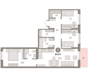 3-к квартира, вторичка, 84м2, 6/9 этаж