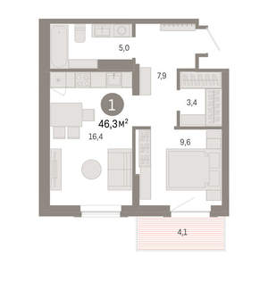 1-к квартира, вторичка, 46м2, 9/9 этаж