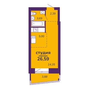 Студия квартира, строящийся дом, 27м2, 4/9 этаж