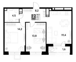 2-к квартира, вторичка, 62м2, 12/21 этаж