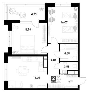 2-к квартира, вторичка, 73м2, 14/21 этаж