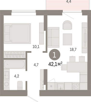 1-к квартира, вторичка, 42м2, 4/9 этаж