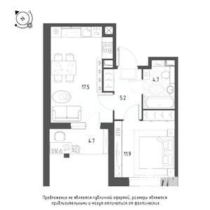 1-к квартира, строящийся дом, 42м2, 1/9 этаж