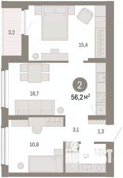 2-к квартира, вторичка, 56м2, 5/8 этаж