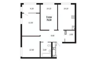 3-к квартира, строящийся дом, 77м2, 9/14 этаж