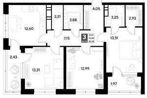 3-к квартира, строящийся дом, 80м2, 5/21 этаж