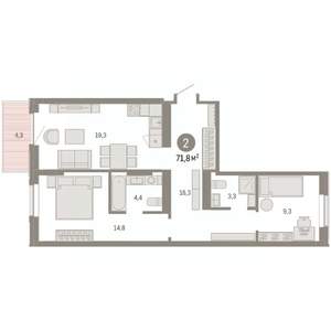 2-к квартира, вторичка, 72м2, 7/9 этаж