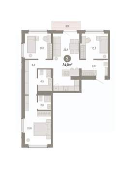 3-к квартира, вторичка, 84м2, 7/16 этаж