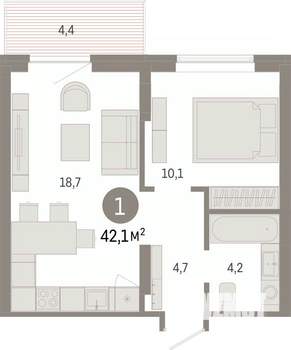 1-к квартира, вторичка, 42м2, 5/7 этаж