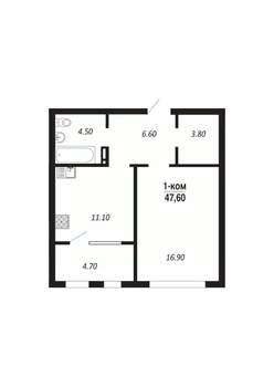 1-к квартира, строящийся дом, 48м2, 4/14 этаж