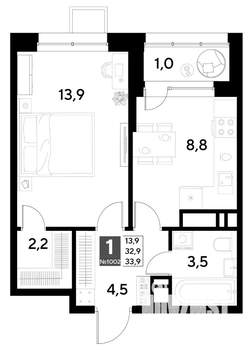 1-к квартира, строящийся дом, 34м2, 16/21 этаж