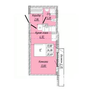 1-к квартира, строящийся дом, 26м2, 4/8 этаж