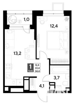 1-к квартира, строящийся дом, 34м2, 8/21 этаж