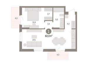 1-к квартира, вторичка, 62м2, 8/14 этаж