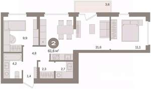2-к квартира, вторичка, 62м2, 3/16 этаж
