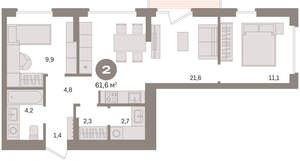 2-к квартира, вторичка, 62м2, 5/16 этаж