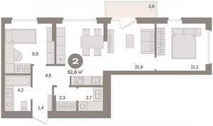 2-к квартира, вторичка, 62м2, 5/16 этаж
