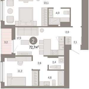 2-к квартира, вторичка, 73м2, 9/16 этаж