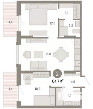 2-к квартира, вторичка, 65м2, 7/9 этаж