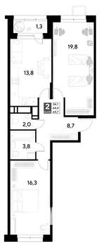 2-к квартира, вторичка, 66м2, 19/21 этаж