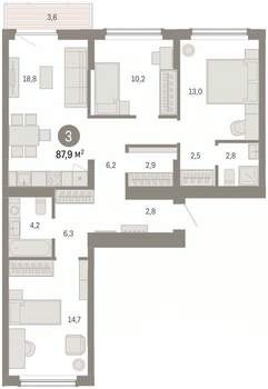 3-к квартира, вторичка, 88м2, 6/16 этаж