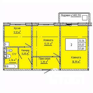 2-к квартира, вторичка, 58м2, 10/10 этаж