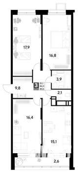 3-к квартира, строящийся дом, 85м2, 17/21 этаж
