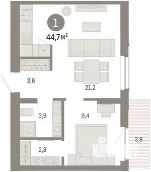 1-к квартира, вторичка, 45м2, 4/16 этаж