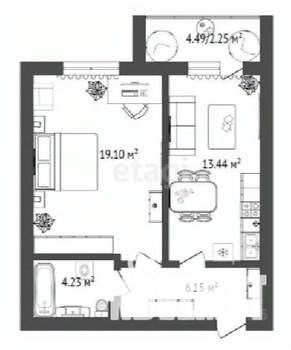 1-к квартира, строящийся дом, 46м2, 4/16 этаж