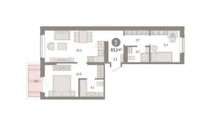 2-к квартира, вторичка, 63м2, 2/9 этаж