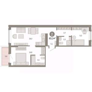 2-к квартира, вторичка, 63м2, 2/9 этаж