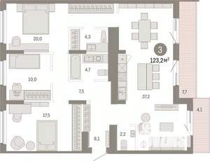 3-к квартира, вторичка, 123м2, 7/9 этаж