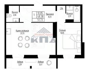 1-к квартира, строящийся дом, 52м2, 3/16 этаж