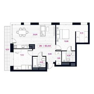 2-к квартира, вторичка, 84м2, 8/15 этаж