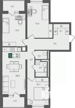3-к квартира, строящийся дом, 101м2, 1/4 этаж