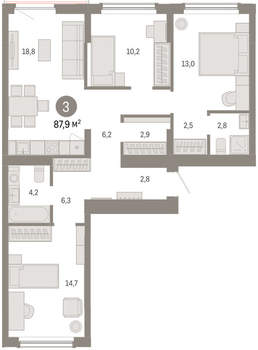 3-к квартира, вторичка, 88м2, 3/16 этаж