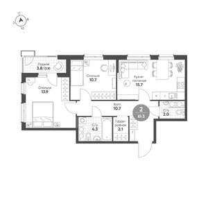 2-к квартира, вторичка, 61м2, 12/15 этаж