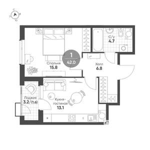 1-к квартира, строящийся дом, 42м2, 6/15 этаж
