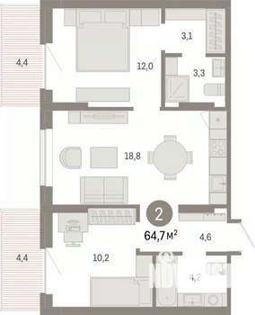 2-к квартира, вторичка, 65м2, 5/8 этаж