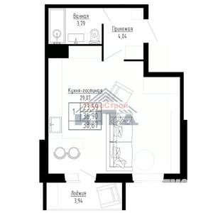 1-к квартира, строящийся дом, 39м2, 8/8 этаж