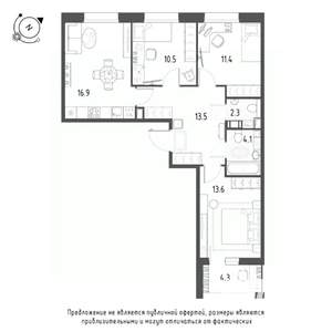 3-к квартира, строящийся дом, 75м2, 7/9 этаж
