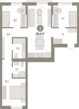 3-к квартира, вторичка, 85м2, 3/9 этаж