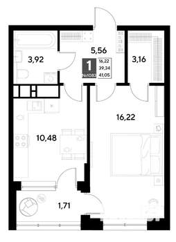 1-к квартира, строящийся дом, 41м2, 1/21 этаж