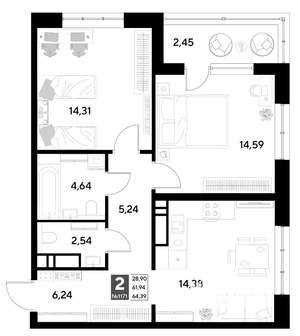 2-к квартира, строящийся дом, 64м2, 10/22 этаж