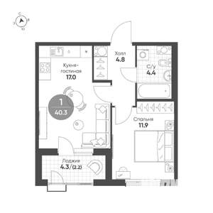 1-к квартира, строящийся дом, 40м2, 6/15 этаж