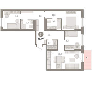 3-к квартира, вторичка, 86м2, 9/9 этаж
