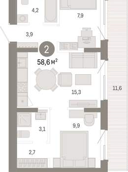 2-к квартира, вторичка, 59м2, 8/9 этаж