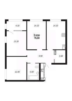 3-к квартира, строящийся дом, 77м2, 6/14 этаж