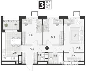 3-к квартира, строящийся дом, 72м2, 5/21 этаж