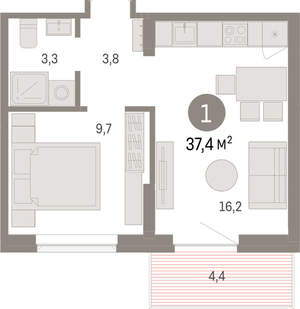 1-к квартира, вторичка, 37м2, 5/9 этаж